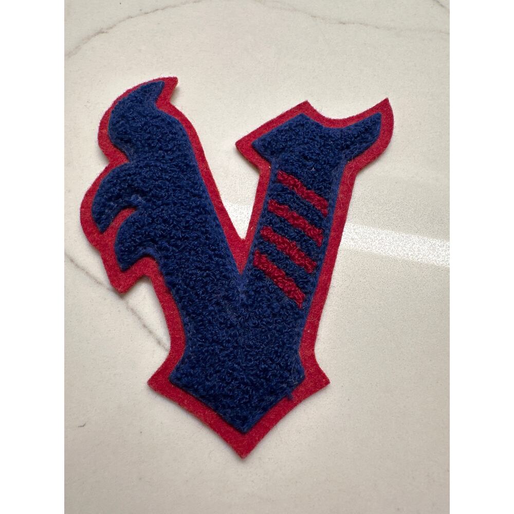 Vintage Royal Blue Red Chenille Varsity Letter “V” Patch Red Felt Border